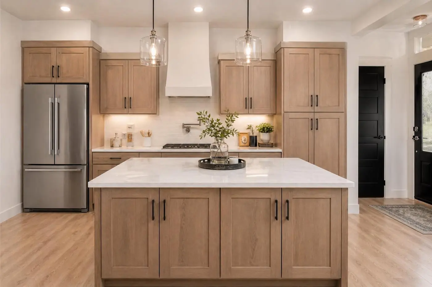 Stain-grade white oak kitchen with a large island and quartz countertops