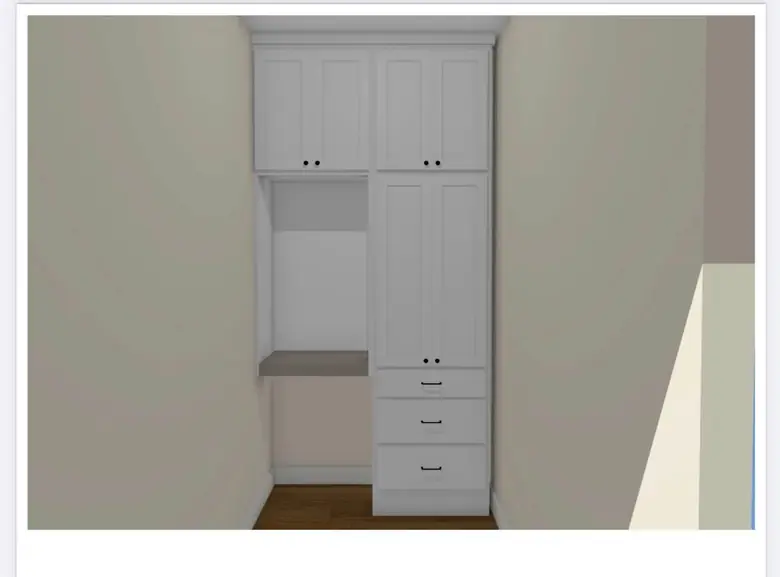 3D design render of the built-in with doors closed, shown in the actual room
