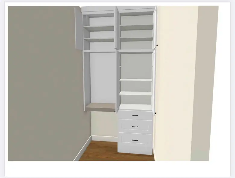 3D design render of the same built-in with the doors open, showing shelf and drawer layout